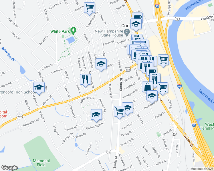 map of restaurants, bars, coffee shops, grocery stores, and more near 61 Pleasant Street in Concord