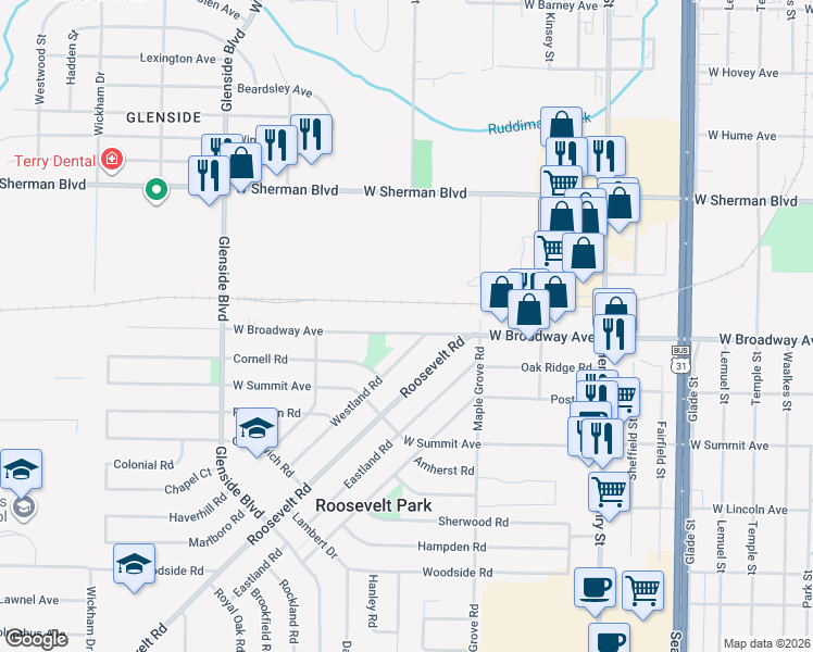 map of restaurants, bars, coffee shops, grocery stores, and more near 1110 West Broadway Avenue in Muskegon