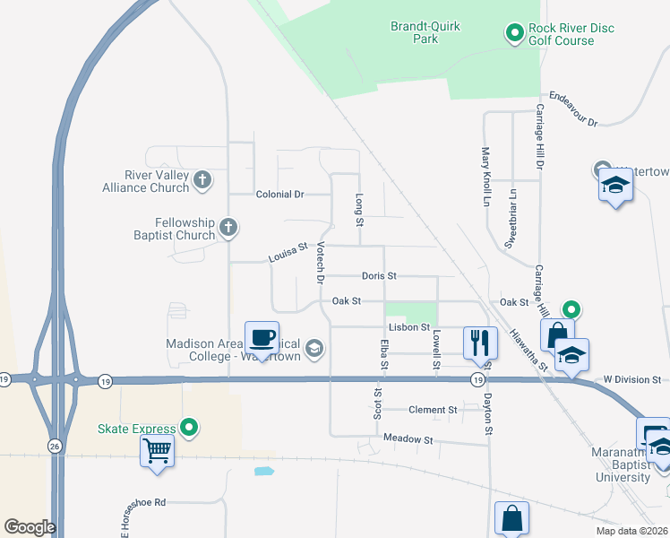 map of restaurants, bars, coffee shops, grocery stores, and more near 1222 Doris Street in Watertown