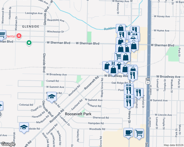map of restaurants, bars, coffee shops, grocery stores, and more near 1054 West Broadway Avenue in Muskegon