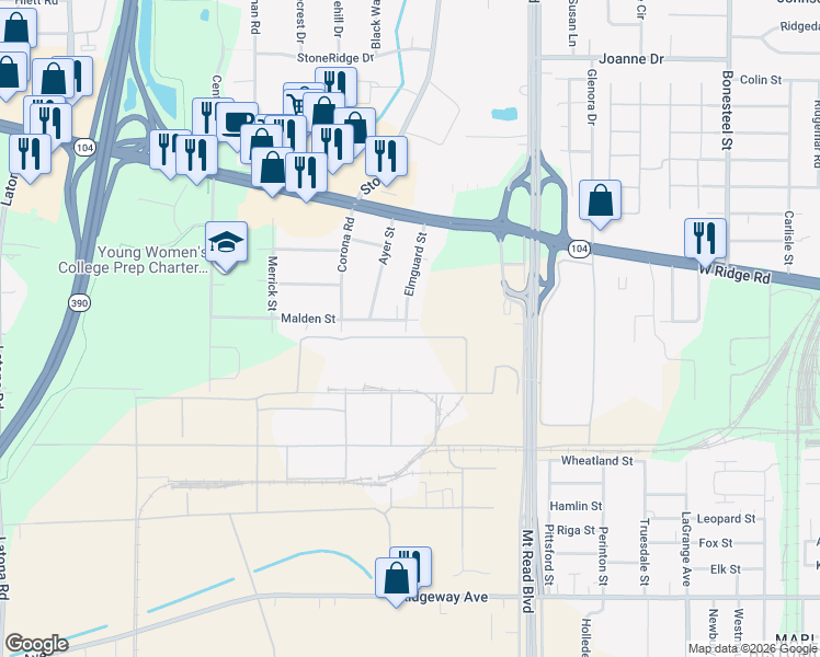 map of restaurants, bars, coffee shops, grocery stores, and more near 163 Malden Street in Rochester