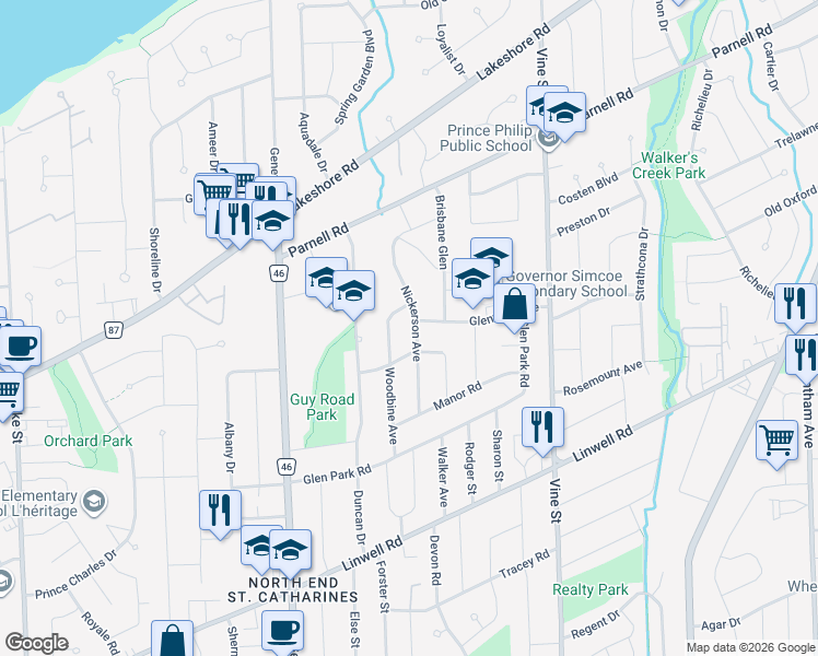map of restaurants, bars, coffee shops, grocery stores, and more near in St. Catharines