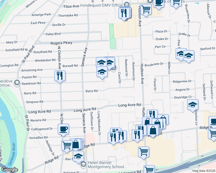 map of restaurants, bars, coffee shops, grocery stores, and more near 454 Barry Road in Irondequoit