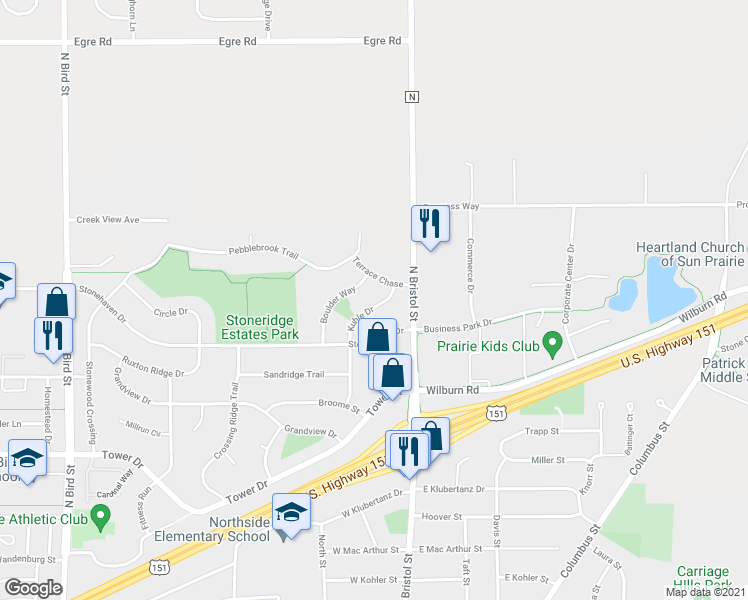 map of restaurants, bars, coffee shops, grocery stores, and more near 1562 Kuhle Dr in Sun Prairie