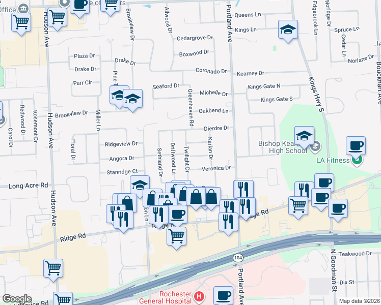 map of restaurants, bars, coffee shops, grocery stores, and more near 104 Twilight Drive in Rochester