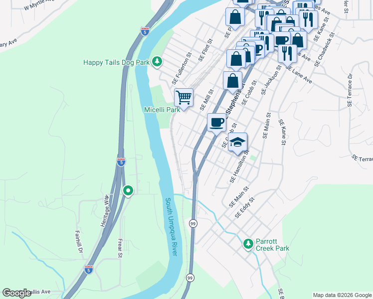 map of restaurants, bars, coffee shops, grocery stores, and more near 1629 Southeast Mill Street in Roseburg