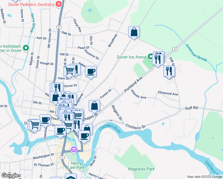 map of restaurants, bars, coffee shops, grocery stores, and more near 43 Forest Street in Dover