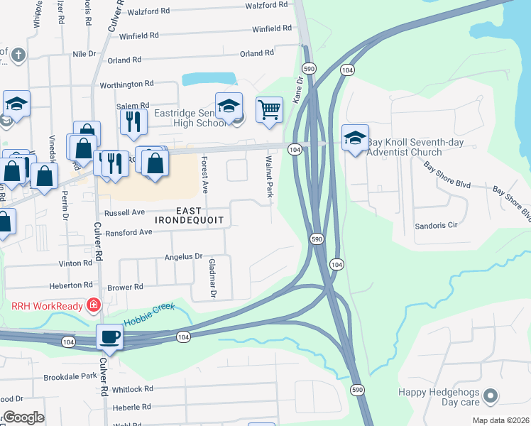 map of restaurants, bars, coffee shops, grocery stores, and more near 19 Walnut Park in Irondequoit