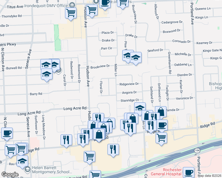 map of restaurants, bars, coffee shops, grocery stores, and more near 6 Angora Drive in Rochester