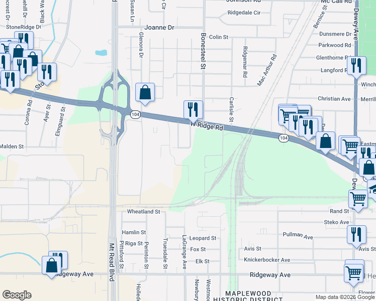 map of restaurants, bars, coffee shops, grocery stores, and more near 21 Dewain Street in Rochester