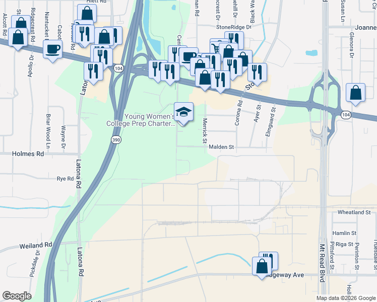 map of restaurants, bars, coffee shops, grocery stores, and more near 431 Malden Street in Rochester