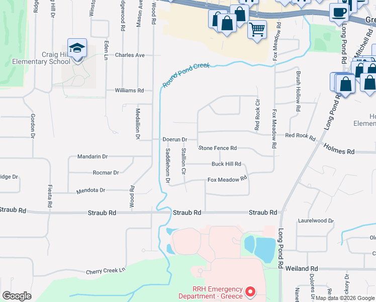 map of restaurants, bars, coffee shops, grocery stores, and more near 36 Stallion Circle in Rochester