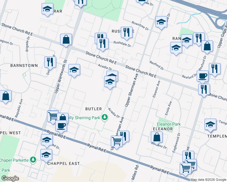 map of restaurants, bars, coffee shops, grocery stores, and more near 201 Acadia Drive in Hamilton