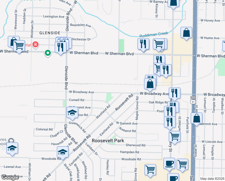 map of restaurants, bars, coffee shops, grocery stores, and more near 1110 West Broadway Avenue in Muskegon