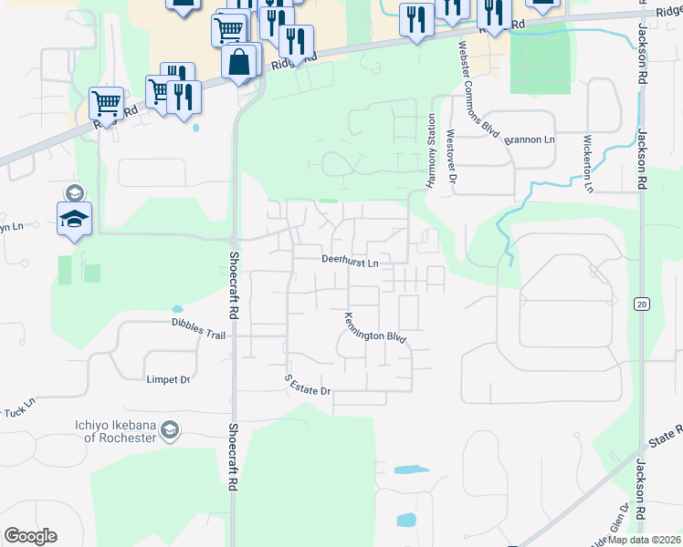 map of restaurants, bars, coffee shops, grocery stores, and more near 32 Cassandra Court in Webster