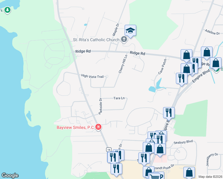 map of restaurants, bars, coffee shops, grocery stores, and more near 1096 Cherry Hill Lane in Webster