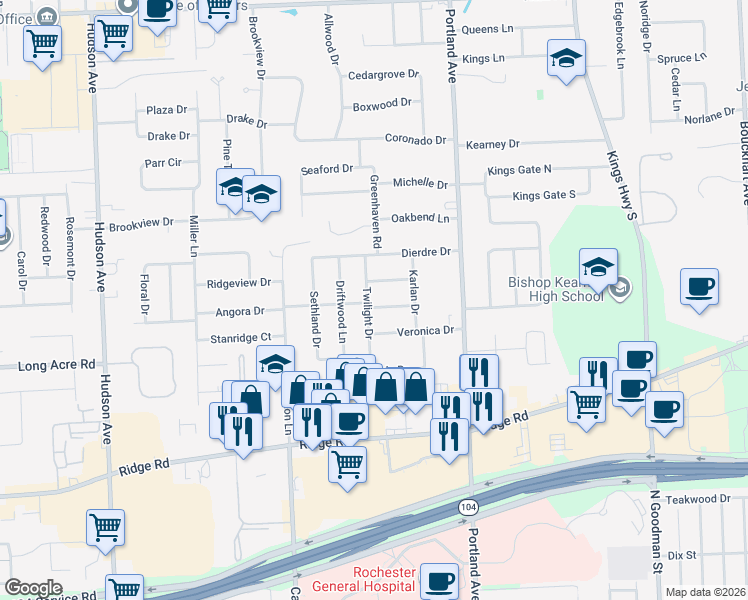 map of restaurants, bars, coffee shops, grocery stores, and more near 104 Twilight Drive in Rochester