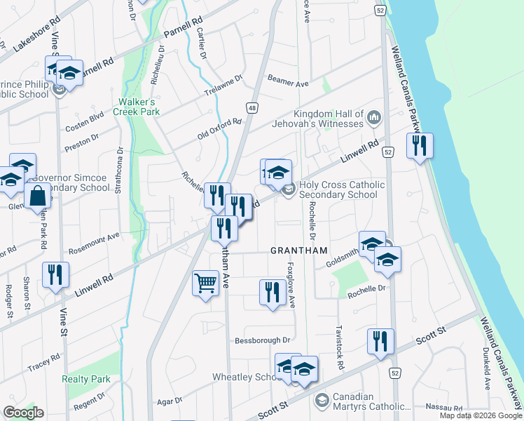 map of restaurants, bars, coffee shops, grocery stores, and more near 4 Whiteoak Drive in St. Catharines
