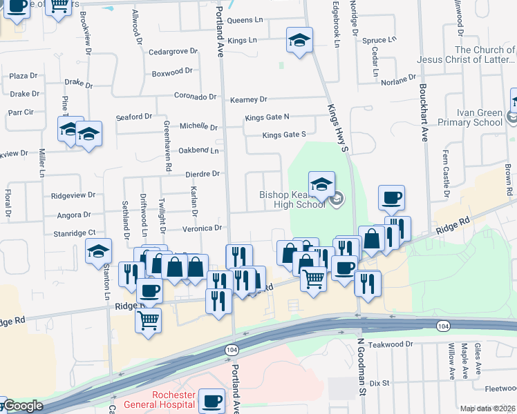 map of restaurants, bars, coffee shops, grocery stores, and more near 1 Sandhurst Drive in Rochester