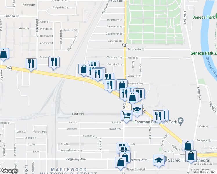 map of restaurants, bars, coffee shops, grocery stores, and more near 536 West Ridge Road in Rochester