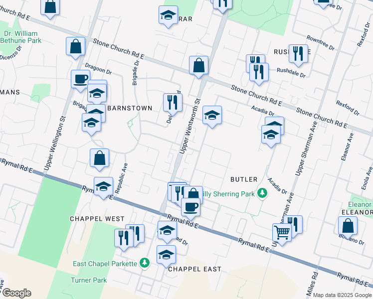 map of restaurants, bars, coffee shops, grocery stores, and more near 1517 Upper Wentworth Street in Hamilton