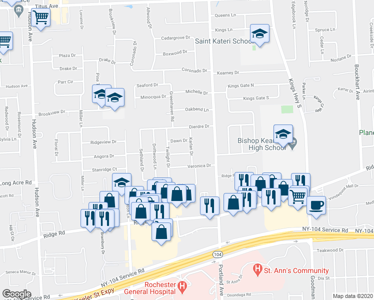 map of restaurants, bars, coffee shops, grocery stores, and more near 43 Karlan Drive in Rochester