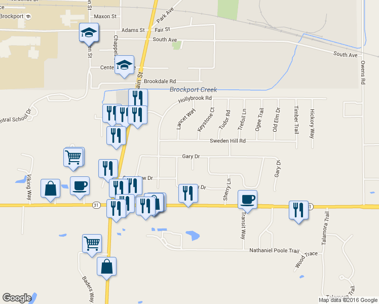 map of restaurants, bars, coffee shops, grocery stores, and more near 129 Gary Drive in Brockport