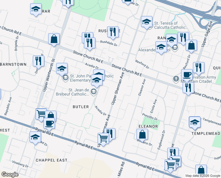 map of restaurants, bars, coffee shops, grocery stores, and more near 55 Cartier Crescent in Hamilton