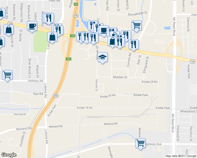 map of restaurants, bars, coffee shops, grocery stores, and more near 431 Malden Street in Rochester