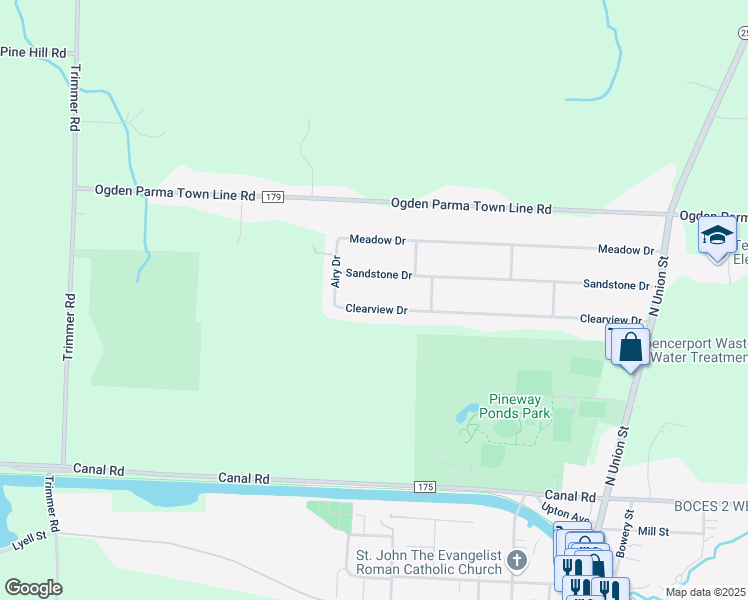 map of restaurants, bars, coffee shops, grocery stores, and more near 56 Clearview Dr in Spencerport