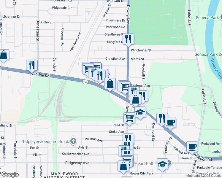 map of restaurants, bars, coffee shops, grocery stores, and more near 536 West Ridge Road in Rochester