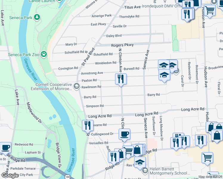 map of restaurants, bars, coffee shops, grocery stores, and more near 153 Rawlinson Road in Rochester