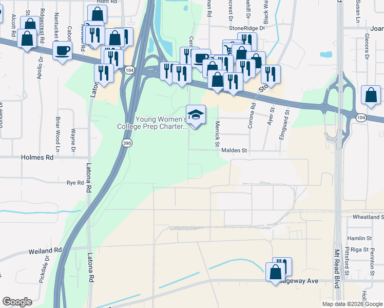 map of restaurants, bars, coffee shops, grocery stores, and more near 431 Malden Street in Rochester