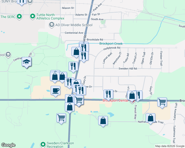 map of restaurants, bars, coffee shops, grocery stores, and more near 77 Gary Dr in Brockport