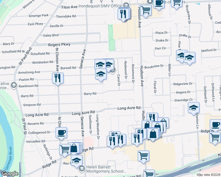map of restaurants, bars, coffee shops, grocery stores, and more near 454 Barry Road in Irondequoit