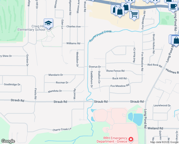 map of restaurants, bars, coffee shops, grocery stores, and more near 428 Wood Road in Rochester