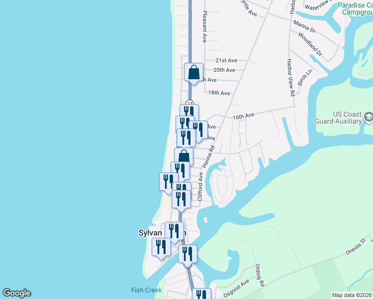 map of restaurants, bars, coffee shops, grocery stores, and more near 2310 Main Street in Sylvan Beach