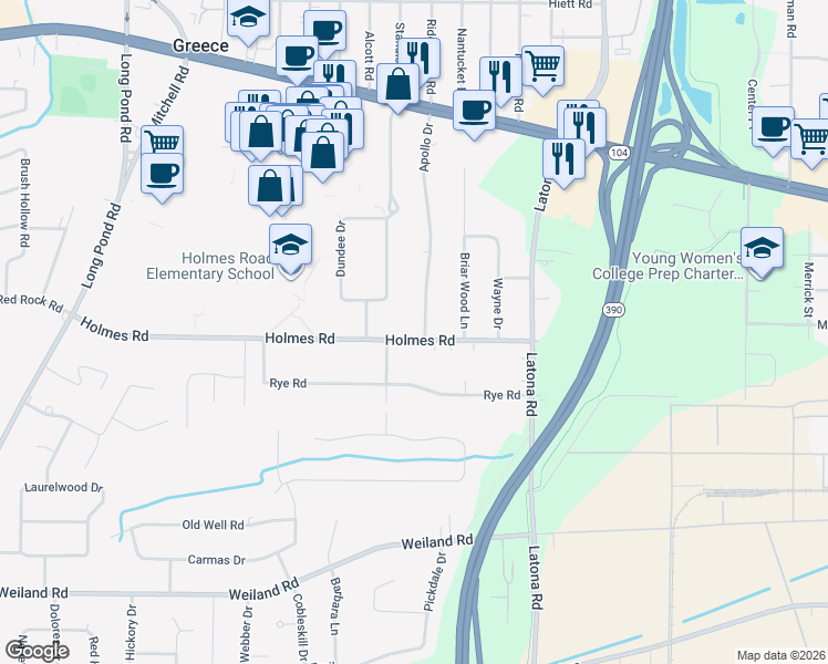 map of restaurants, bars, coffee shops, grocery stores, and more near 214 Apollo Drive in Rochester
