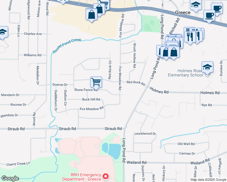 map of restaurants, bars, coffee shops, grocery stores, and more near 40 Stone Fence Road in Rochester