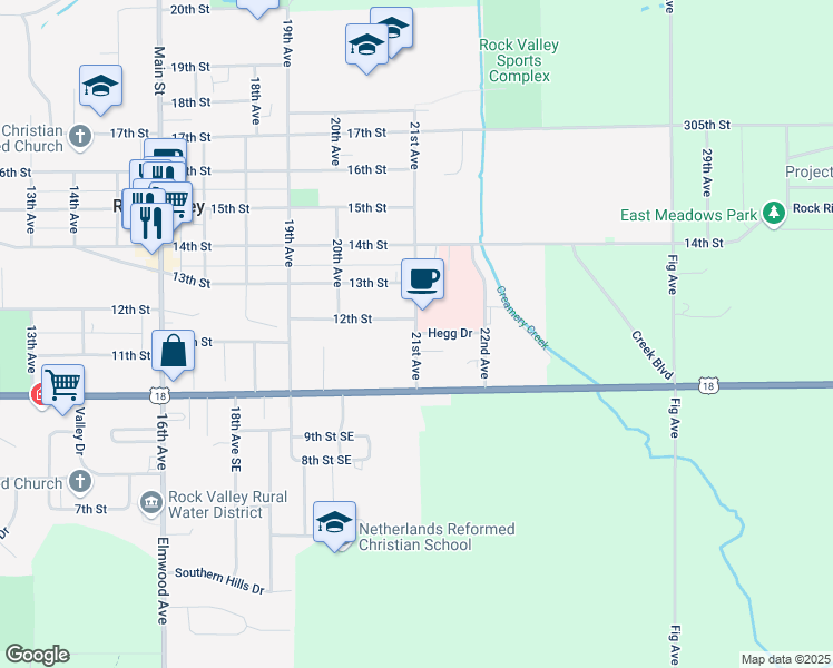 map of restaurants, bars, coffee shops, grocery stores, and more near 1170 21st Avenue in Rock Valley