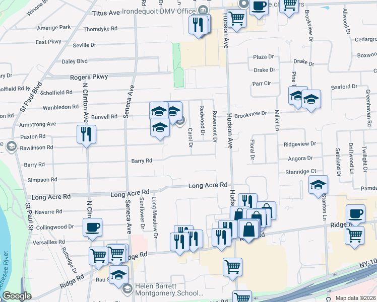 map of restaurants, bars, coffee shops, grocery stores, and more near 506 Barry Road in Rochester