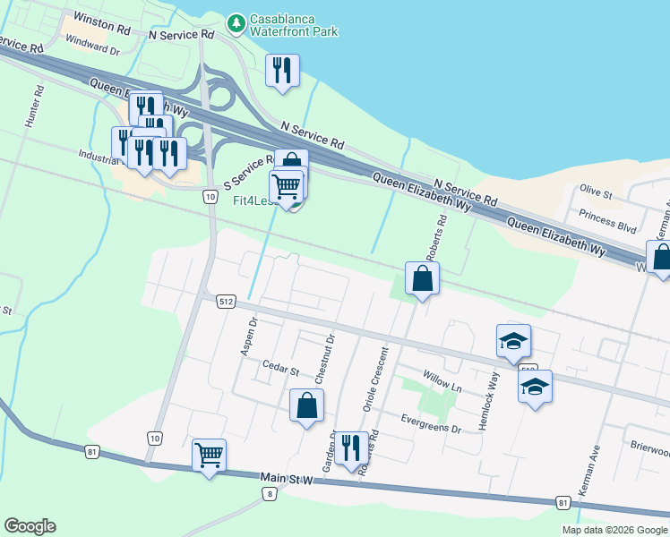 map of restaurants, bars, coffee shops, grocery stores, and more near 42 Magnolia Crescent in Grimsby