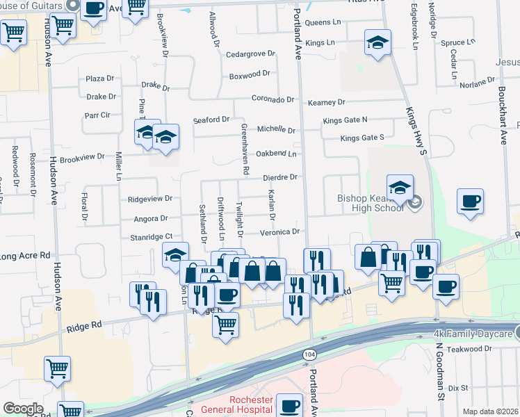 map of restaurants, bars, coffee shops, grocery stores, and more near 43 Karlan Drive in Rochester