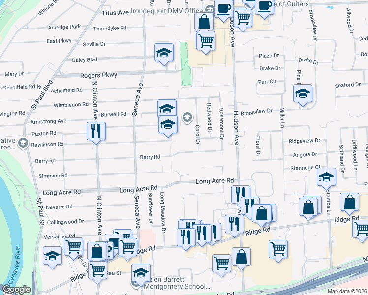 map of restaurants, bars, coffee shops, grocery stores, and more near 454 Barry Road in Irondequoit