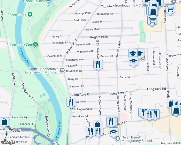 map of restaurants, bars, coffee shops, grocery stores, and more near 153 Rawlinson Road in Rochester
