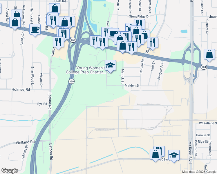 map of restaurants, bars, coffee shops, grocery stores, and more near 431 Malden Street in Rochester