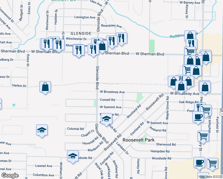 map of restaurants, bars, coffee shops, grocery stores, and more near 1300 West Broadway Avenue in Muskegon