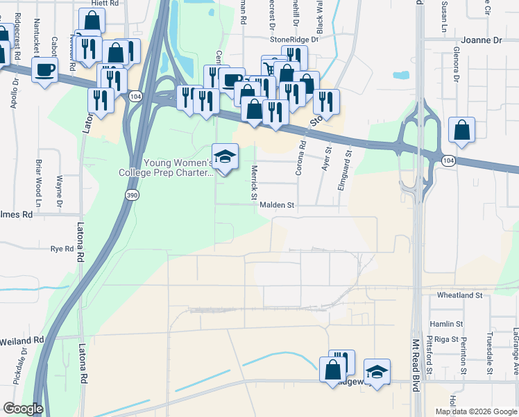 map of restaurants, bars, coffee shops, grocery stores, and more near 317 Malden Street in Rochester
