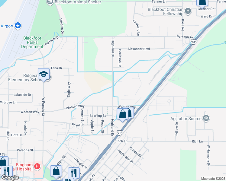 map of restaurants, bars, coffee shops, grocery stores, and more near 1698 Highland Drive in Blackfoot