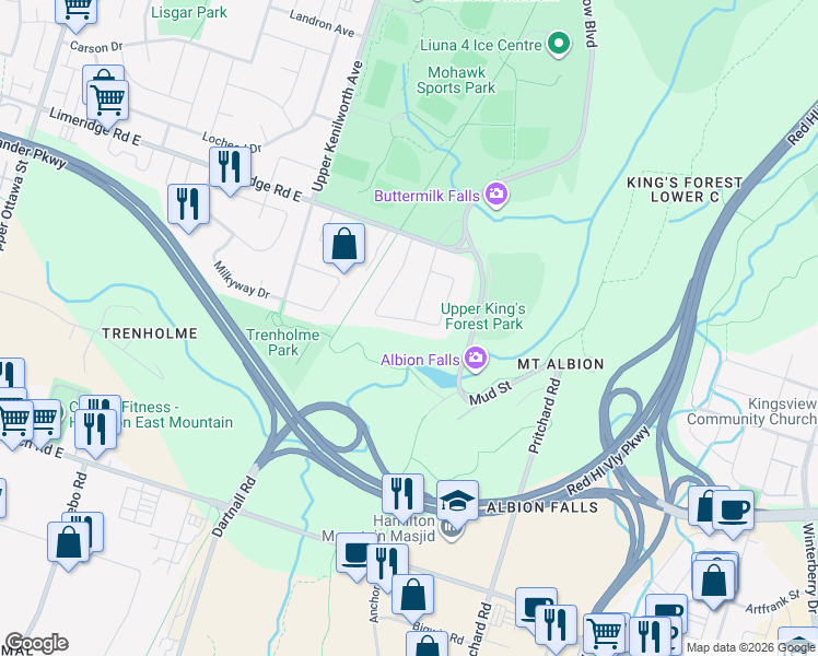 map of restaurants, bars, coffee shops, grocery stores, and more near 100 Albion Falls Boulevard in Hamilton